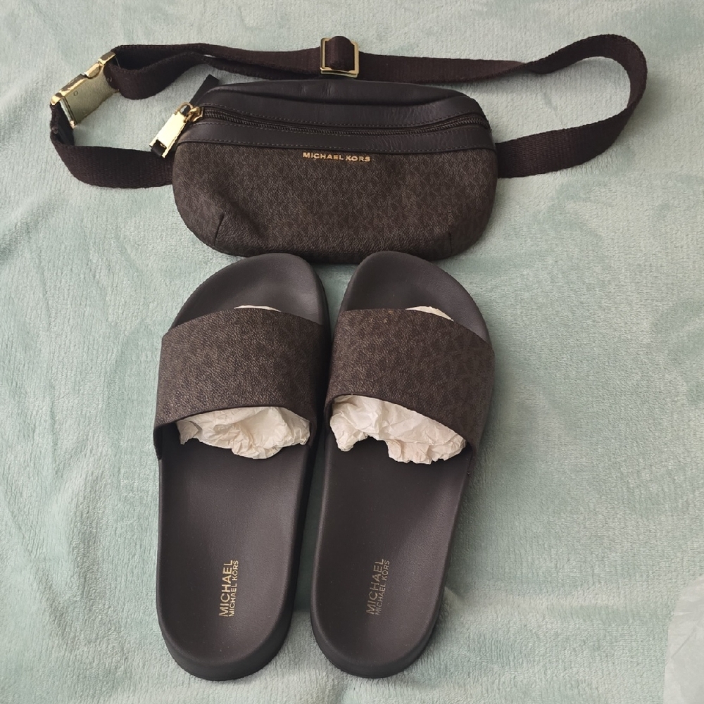 Michael Kors Dark Brown Slides and Belt Bag